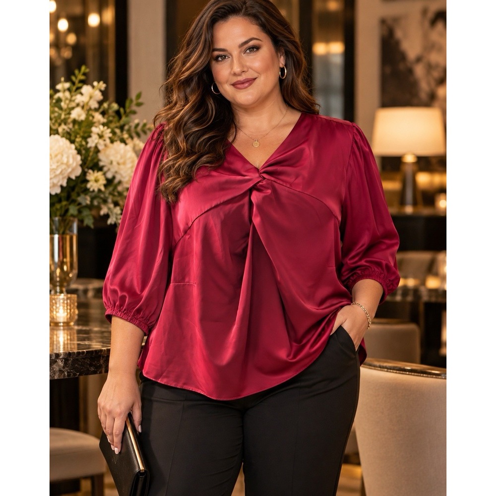 ELOQUII Size 22 Berry Satin Twist Front Blouse 3/4 Puff Sleeve Keyhole Back